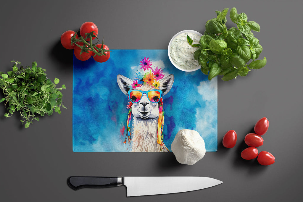 Hippie Animal Llama Cutting Board Tempered Glass Kitchen Cutting Surface, Heat Resistant Chopping, Non-Slip Feet, Food Prep & Serving