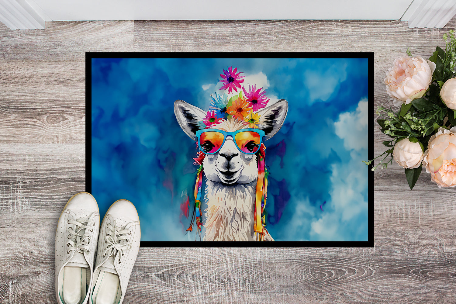 Hippie Animal Llama Doormat Indoor Outdoor 18H X 27W Front Door Mat Rugs for Entryway, Non Slip Washable
