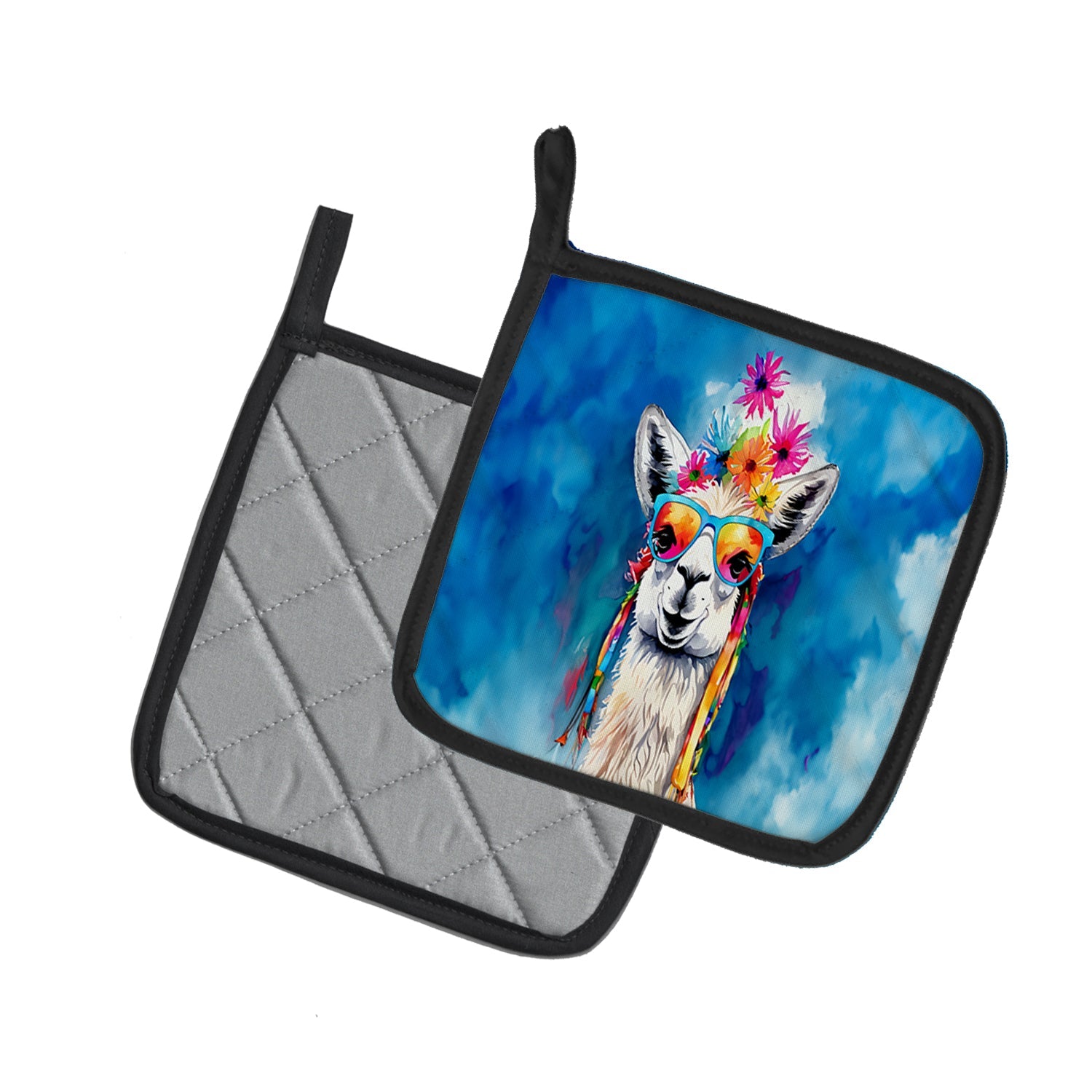 Hippie Animal Llama Pot Holder Set of 2 Heat Resistant Quilted Hot Pads 7.5 x 7.5 Inch, Insulated Kitchen Trivets for Cooking & Baking