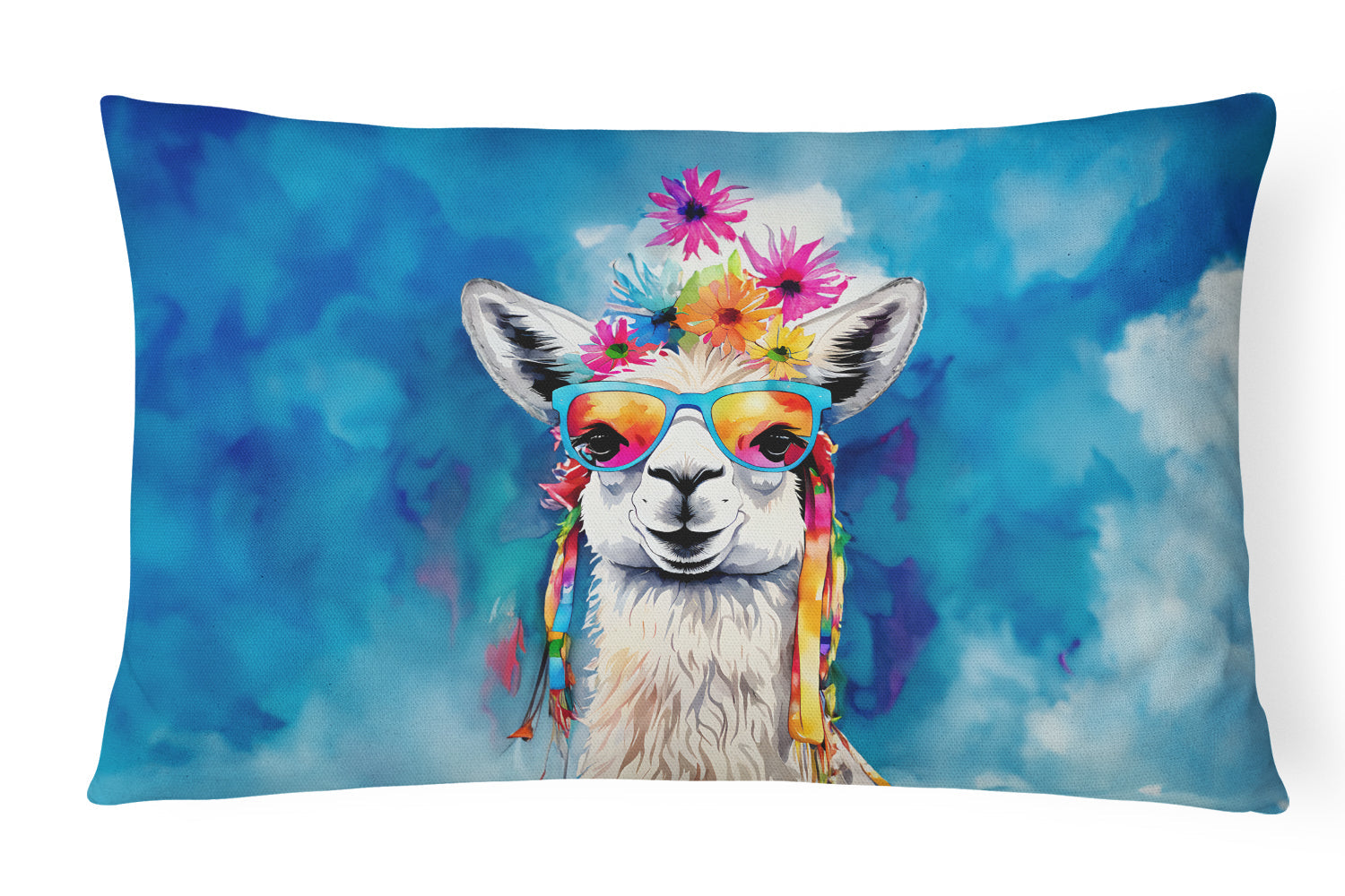 Hippie Animal Llama Decorative Throw Pillow 12x16 Indoor Outdoor Accent Cushion, Fabric Cover with Insert for Sofa, Bed, Porch & Living Room