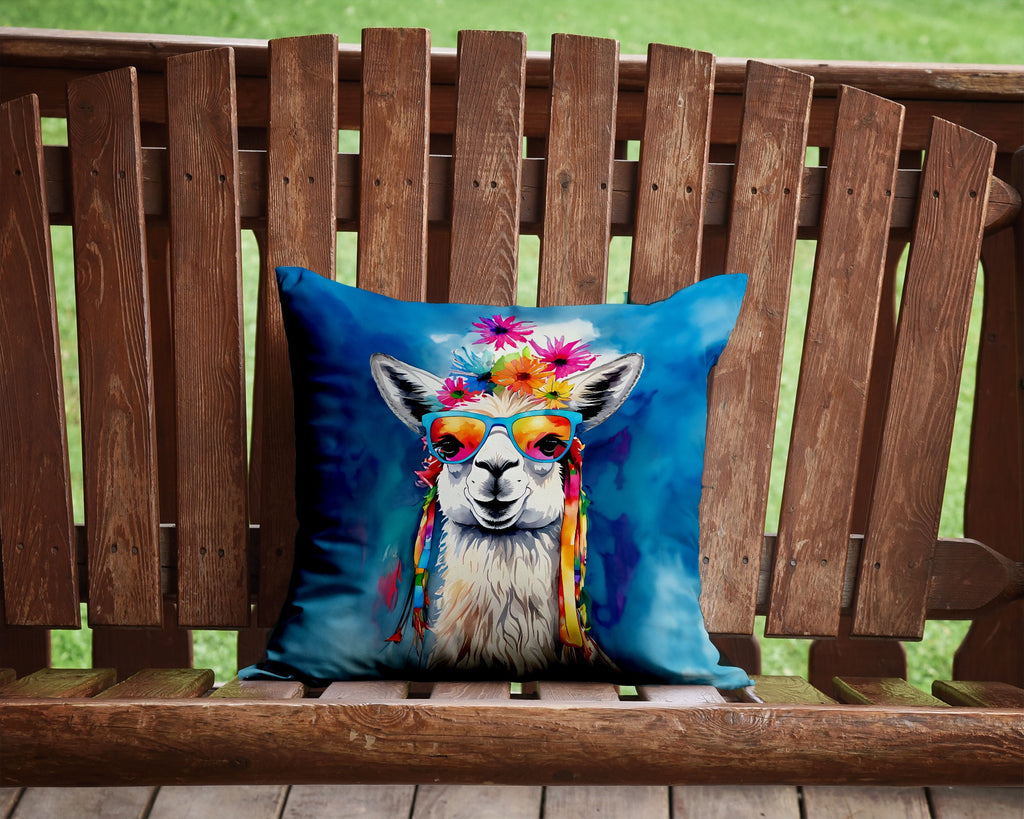 Hippie Animal Llama Decorative Throw Pillow 14x14 Indoor Outdoor Accent Cushion, Fabric Cover with Insert for Sofa, Bed, Porch & Living Room