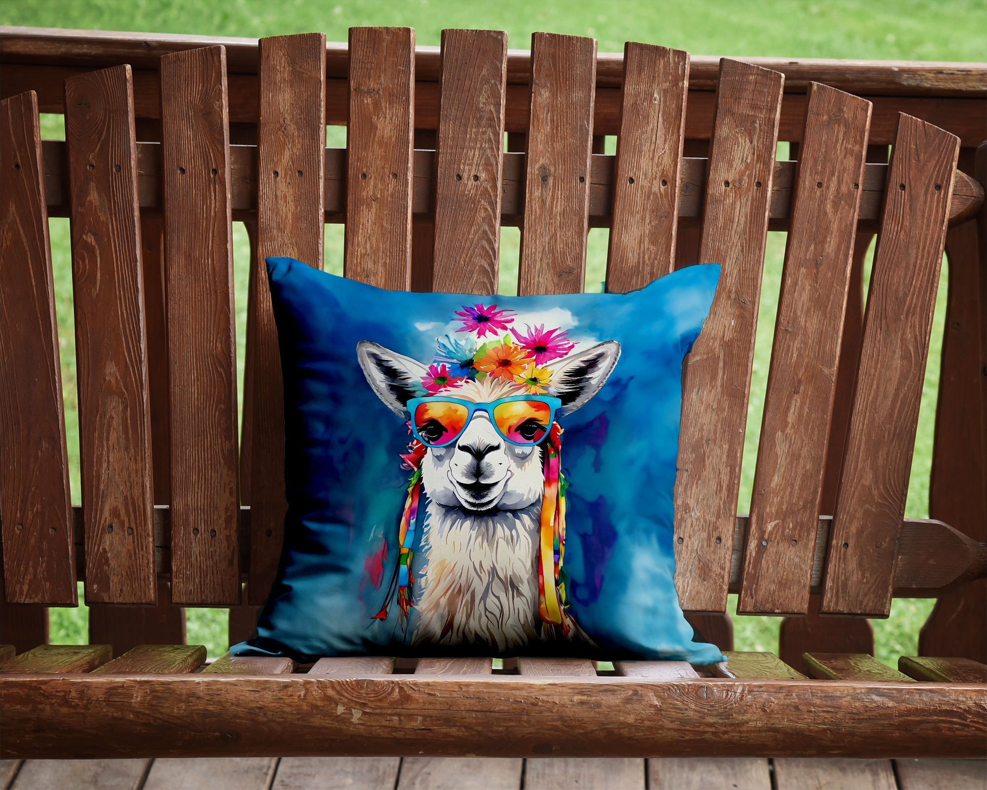Hippie Animal Llama Decorative Throw Pillow 14x14 Indoor Outdoor Accent Cushion, Fabric Cover with Insert for Sofa, Bed, Porch & Living Room