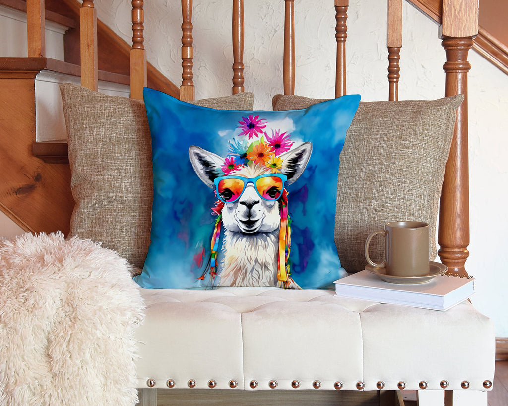 Hippie Animal Llama Decorative Throw Pillow 14x14 Indoor Outdoor Accent Cushion, Fabric Cover with Insert for Sofa, Bed, Porch & Living Room