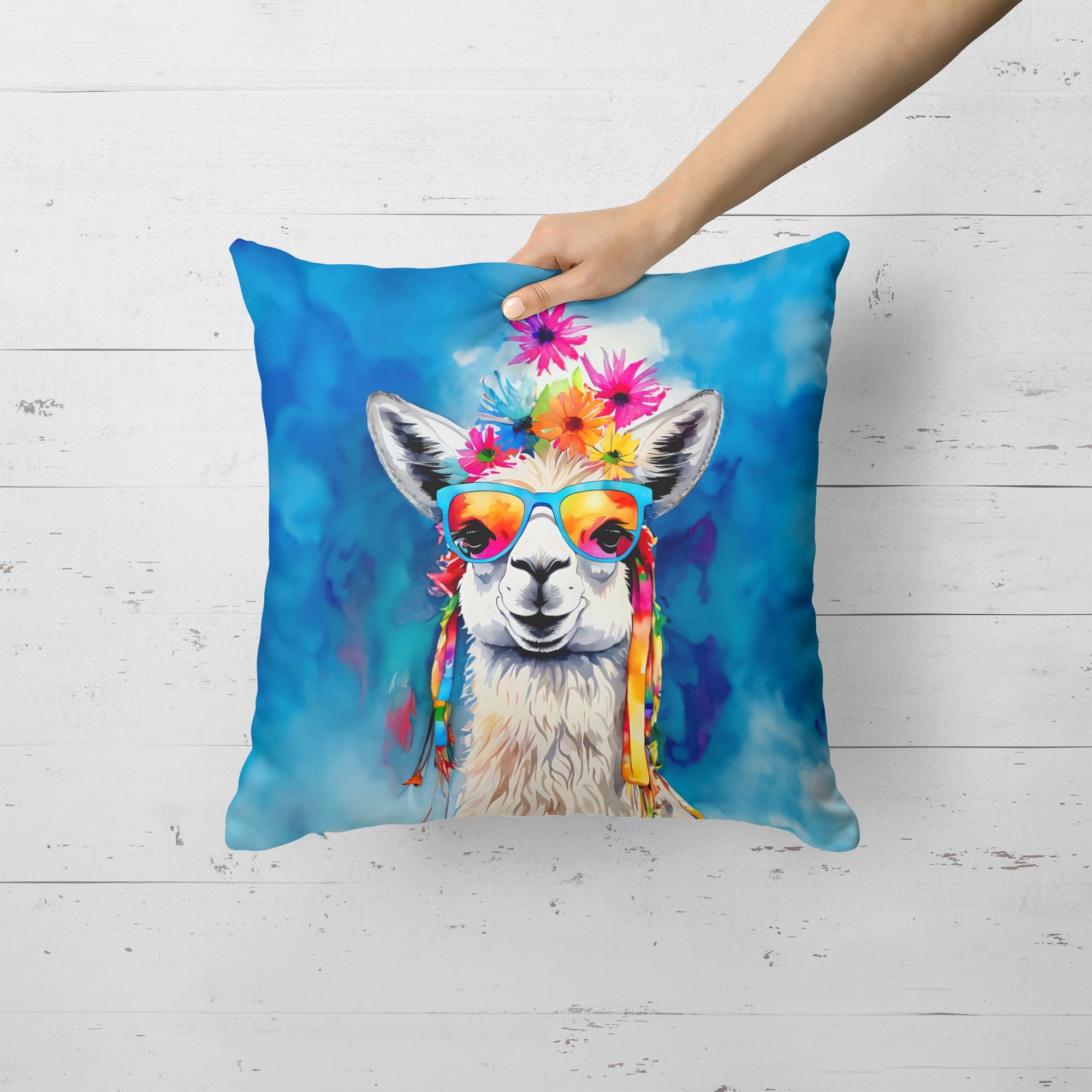 Hippie Animal Llama Decorative Throw Pillow 18x18 Indoor Outdoor Accent Cushion, Fabric Cover with Insert for Sofa, Bed, Porch & Living Room