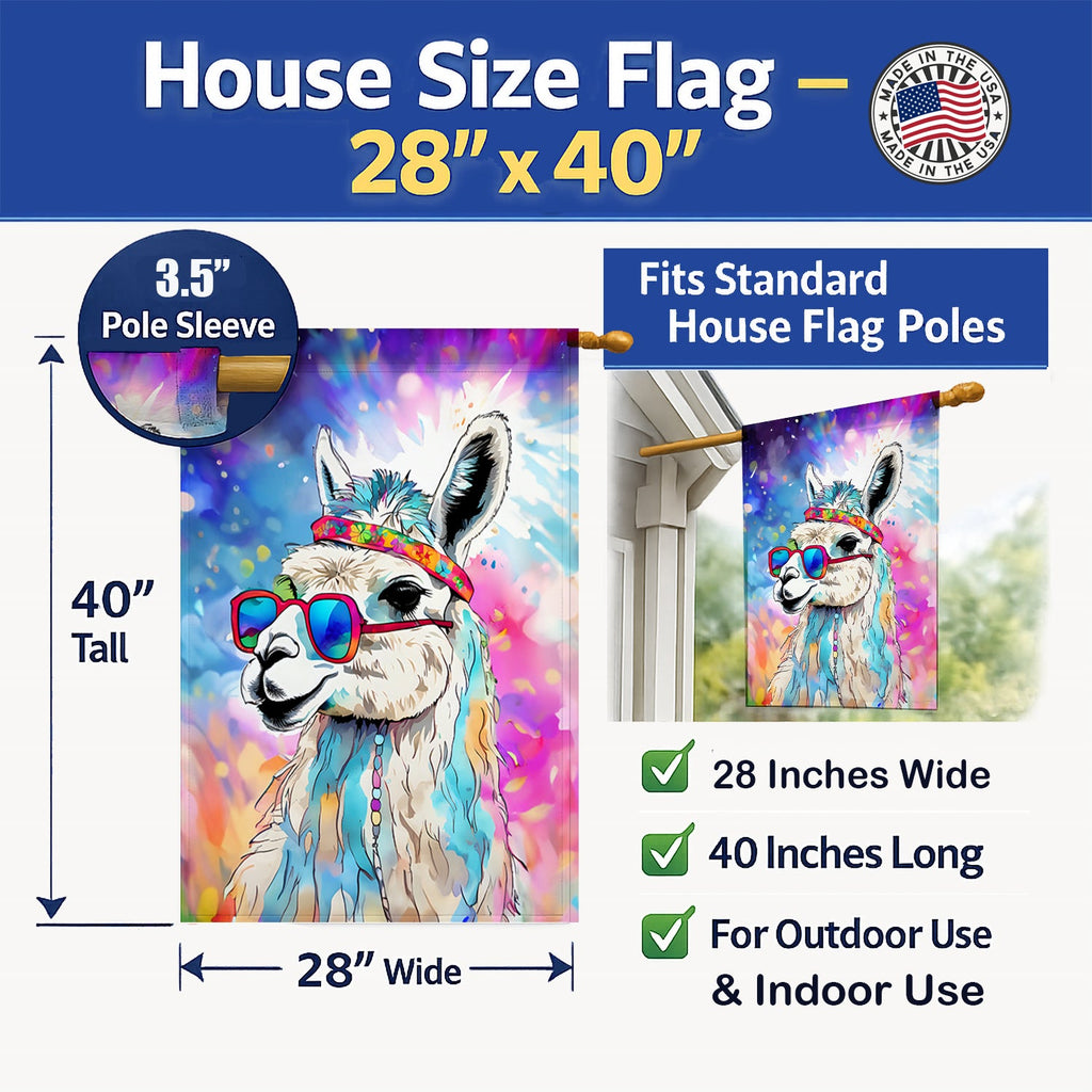 Hippie Animal Llama House Flag 28x40 Porch Sleeve Pole Decorative Outside Yard Banner Artwork Wall Hanging, Polyester