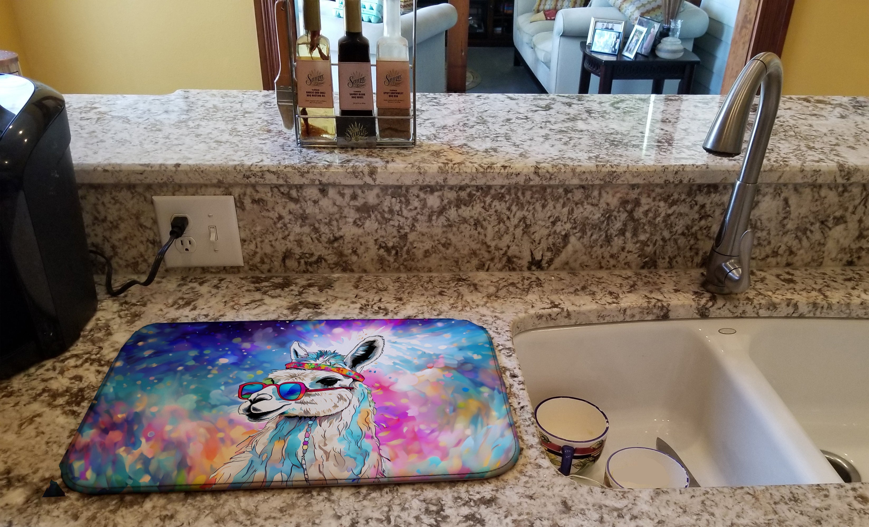 Hippie Animal Llama Dish Drying Mat Absorbent Dish Drying Mat Pad for Kitchen Counter Dish Drainer Mat for Countertop, 14 x 21", Multicolor