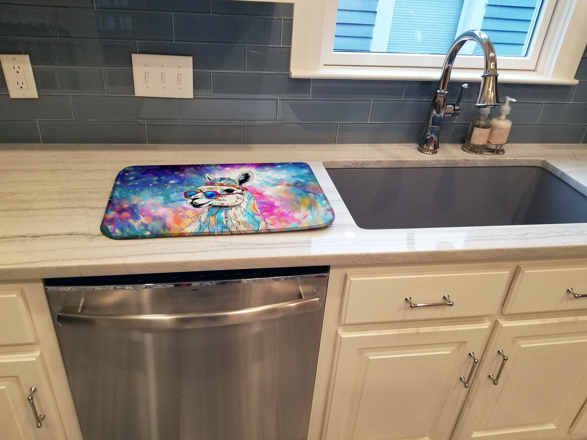 Hippie Animal Llama Dish Drying Mat Absorbent Dish Drying Mat Pad for Kitchen Counter Dish Drainer Mat for Countertop, 14 x 21", Multicolor