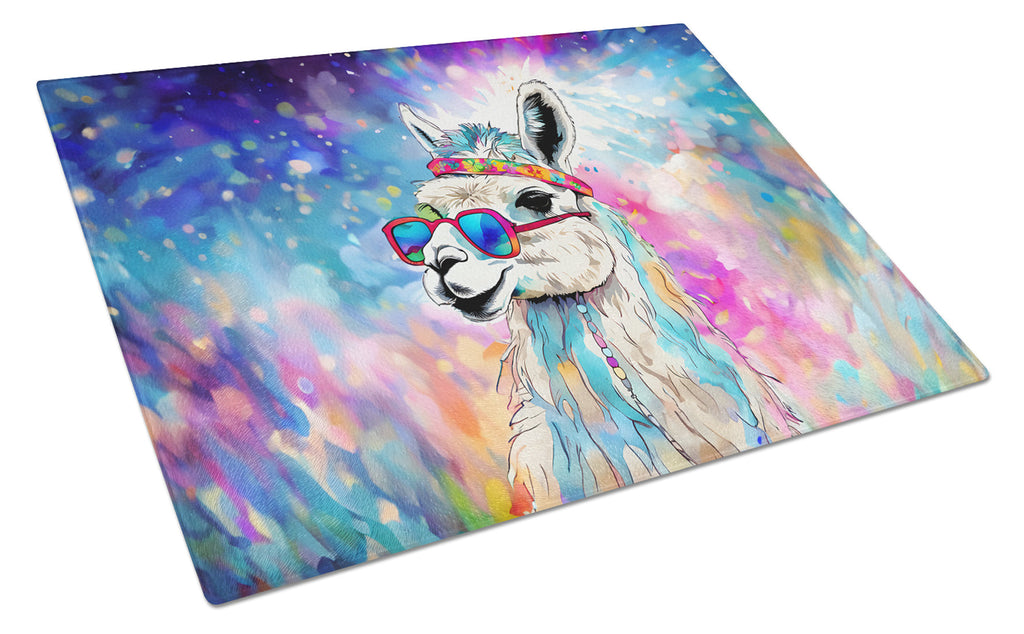 Hippie Animal Llama Cutting Board Tempered Glass Kitchen Cutting Surface, Heat Resistant Chopping, Non-Slip Feet, Food Prep & Serving