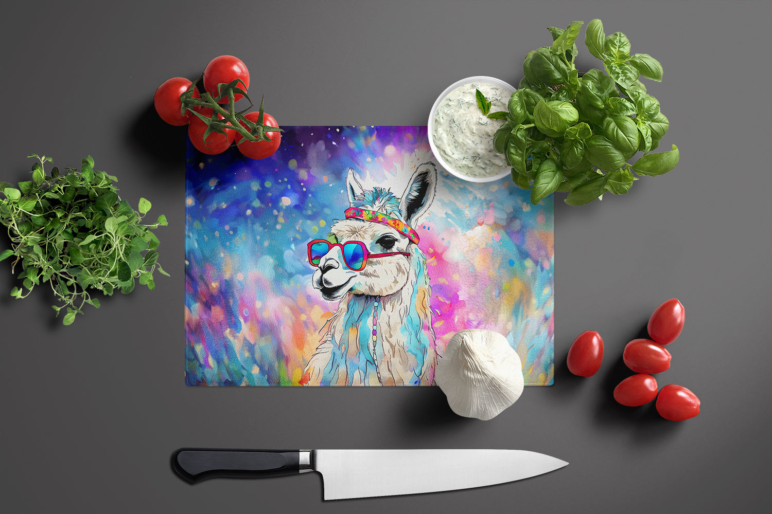 Hippie Animal Llama Cutting Board Tempered Glass Kitchen Cutting Surface, Heat Resistant Chopping, Non-Slip Feet, Food Prep & Serving