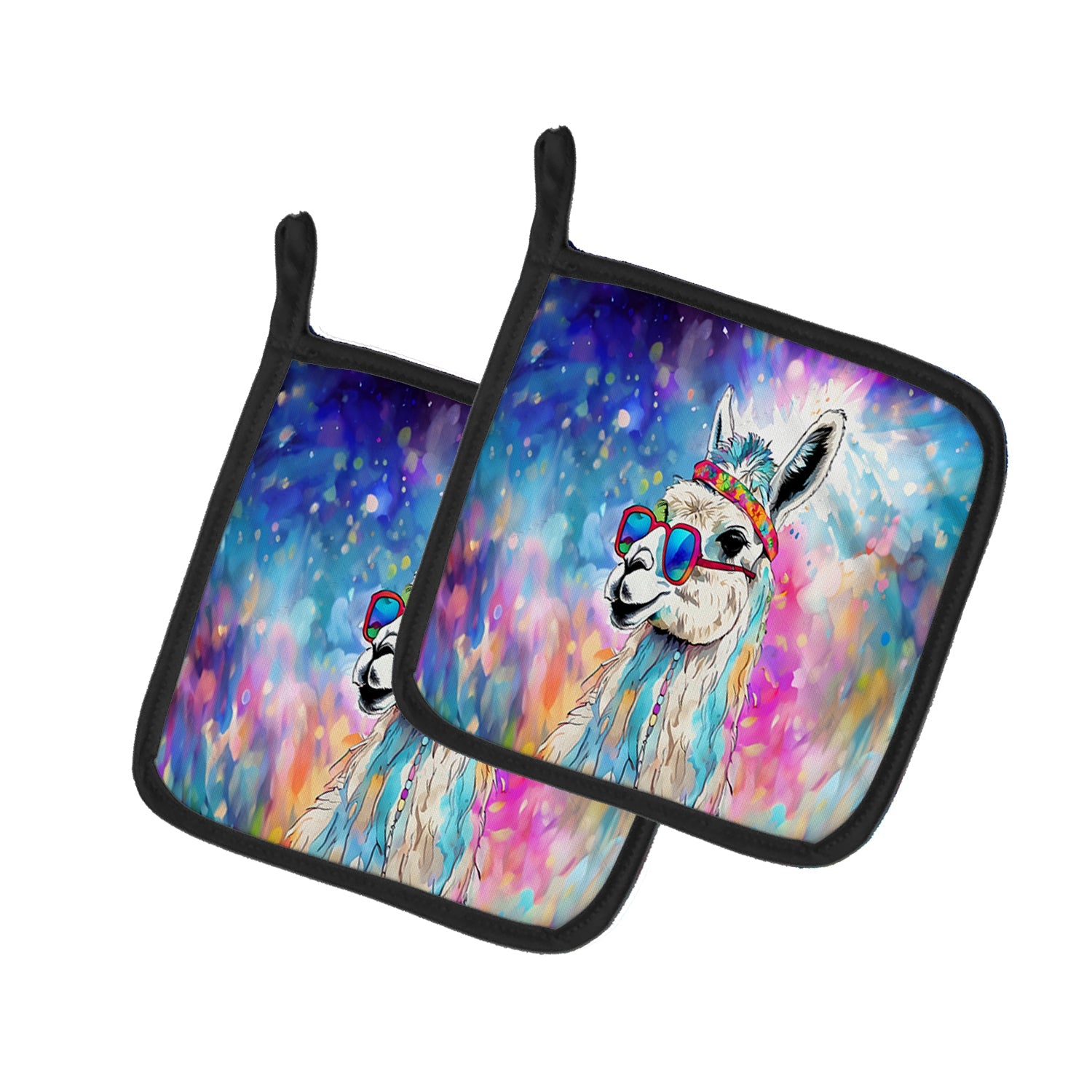 Hippie Animal Llama Pot Holder Set of 2 Heat Resistant Quilted Hot Pads 7.5 x 7.5 Inch, Insulated Kitchen Trivets for Cooking & Baking