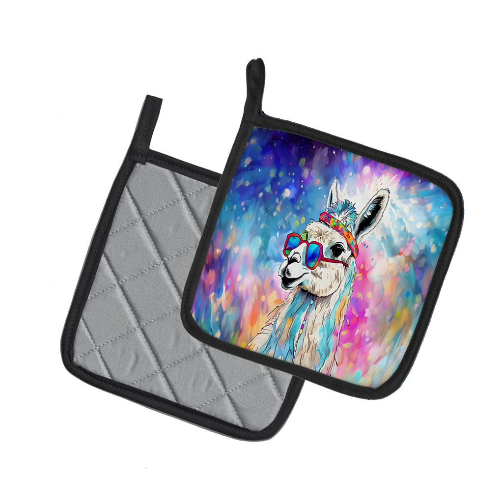 Hippie Animal Llama Pot Holder Set of 2 Heat Resistant Quilted Hot Pads 7.5 x 7.5 Inch, Insulated Kitchen Trivets for Cooking & Baking