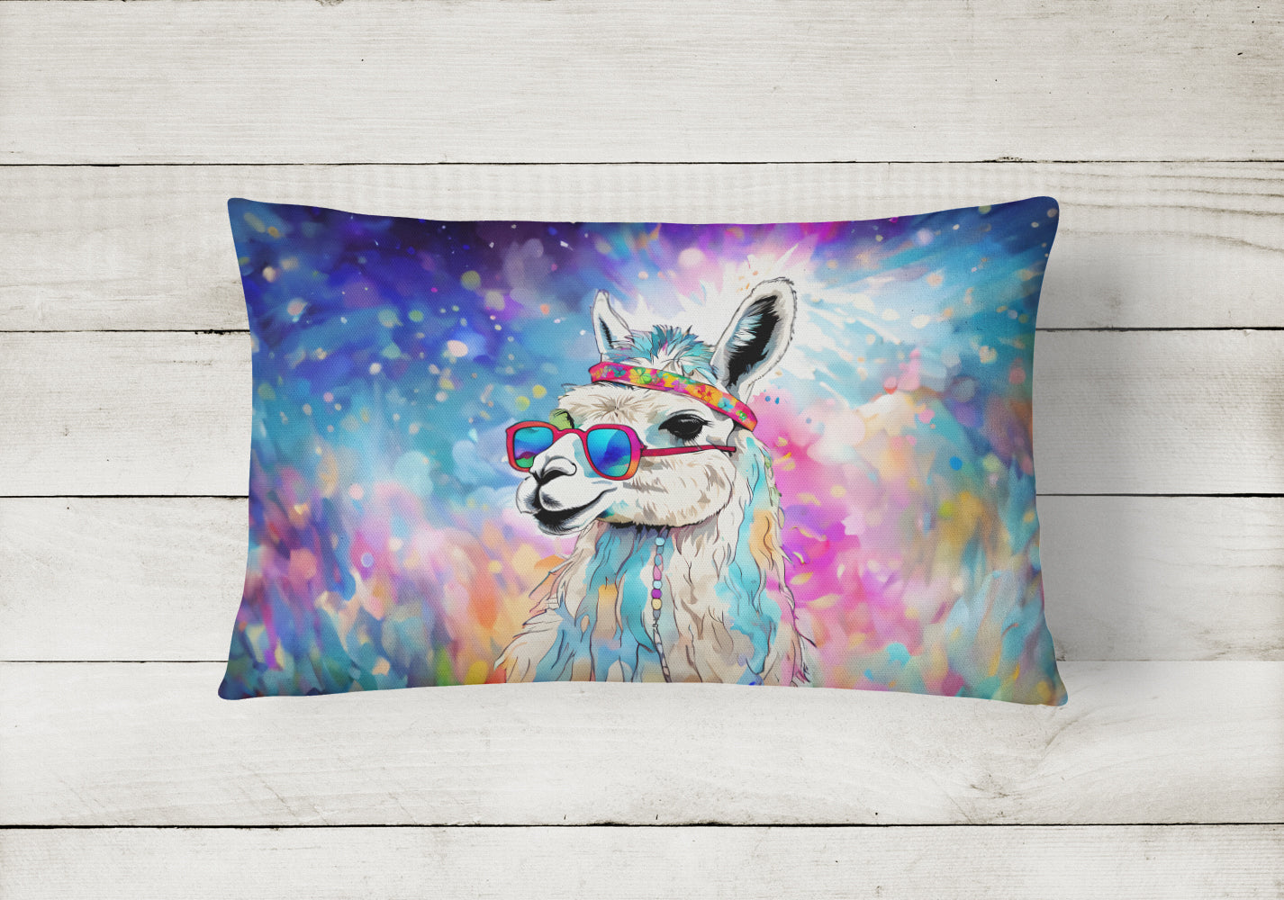 Hippie Animal Llama Decorative Throw Pillow 12x16 Indoor Outdoor Accent Cushion, Fabric Cover with Insert for Sofa, Bed, Porch & Living Room