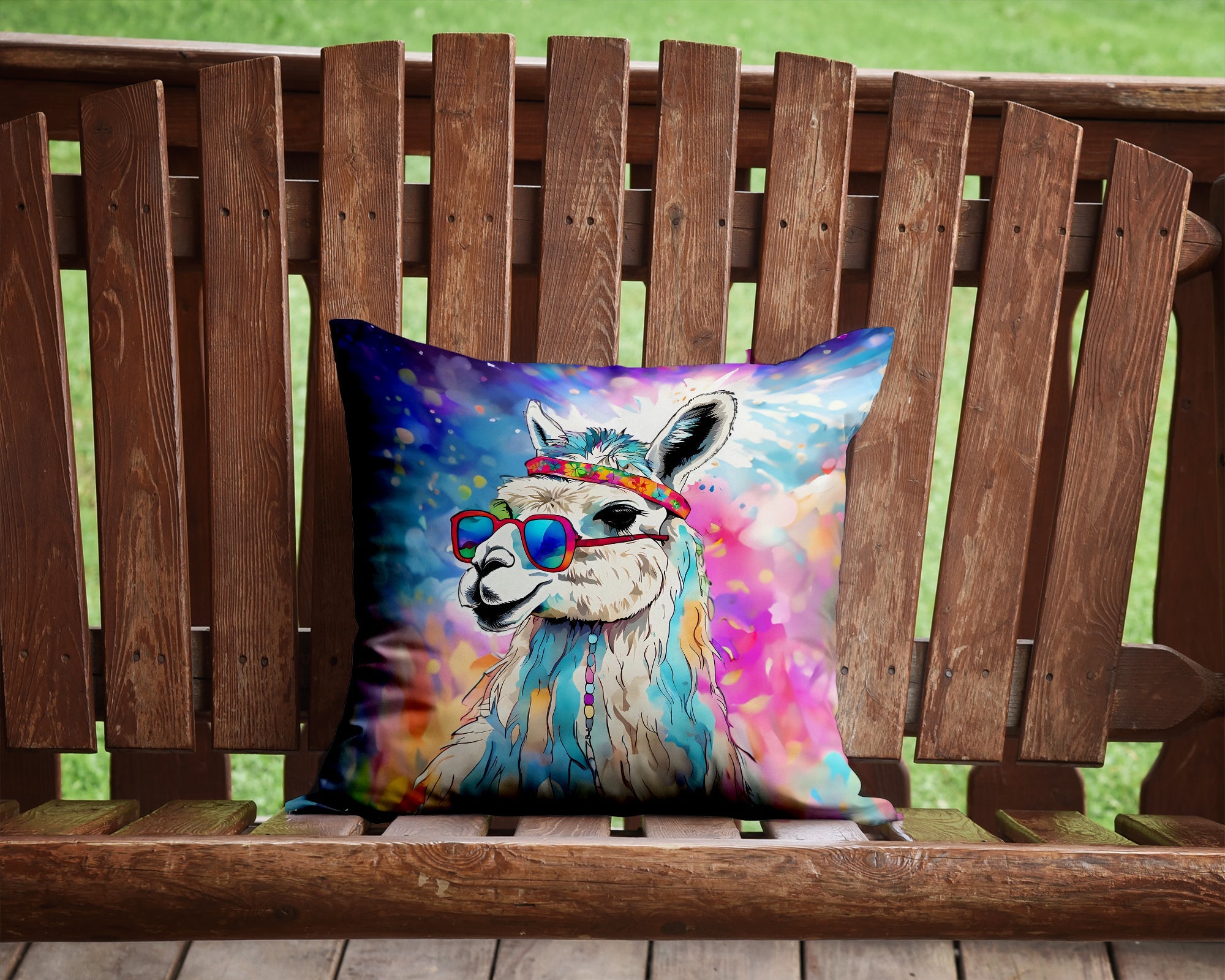 Hippie Animal Llama Decorative Throw Pillow 14x14 Indoor Outdoor Accent Cushion, Fabric Cover with Insert for Sofa, Bed, Porch & Living Room