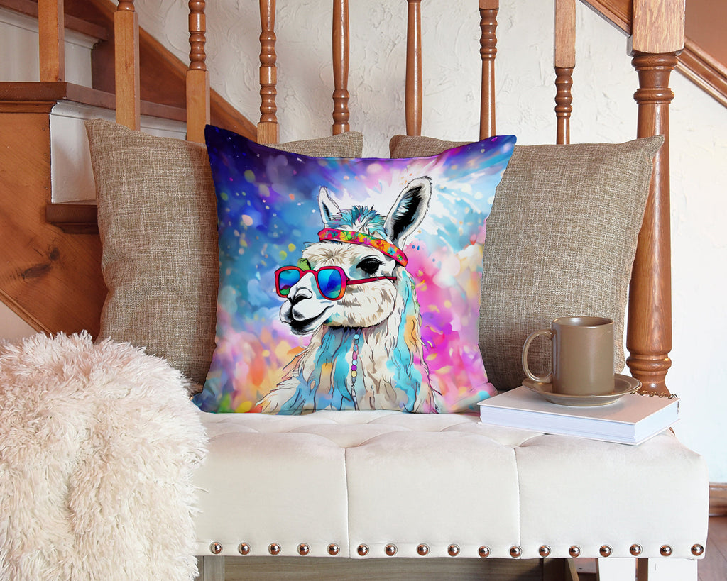Hippie Animal Llama Decorative Throw Pillow 14x14 Indoor Outdoor Accent Cushion, Fabric Cover with Insert for Sofa, Bed, Porch & Living Room