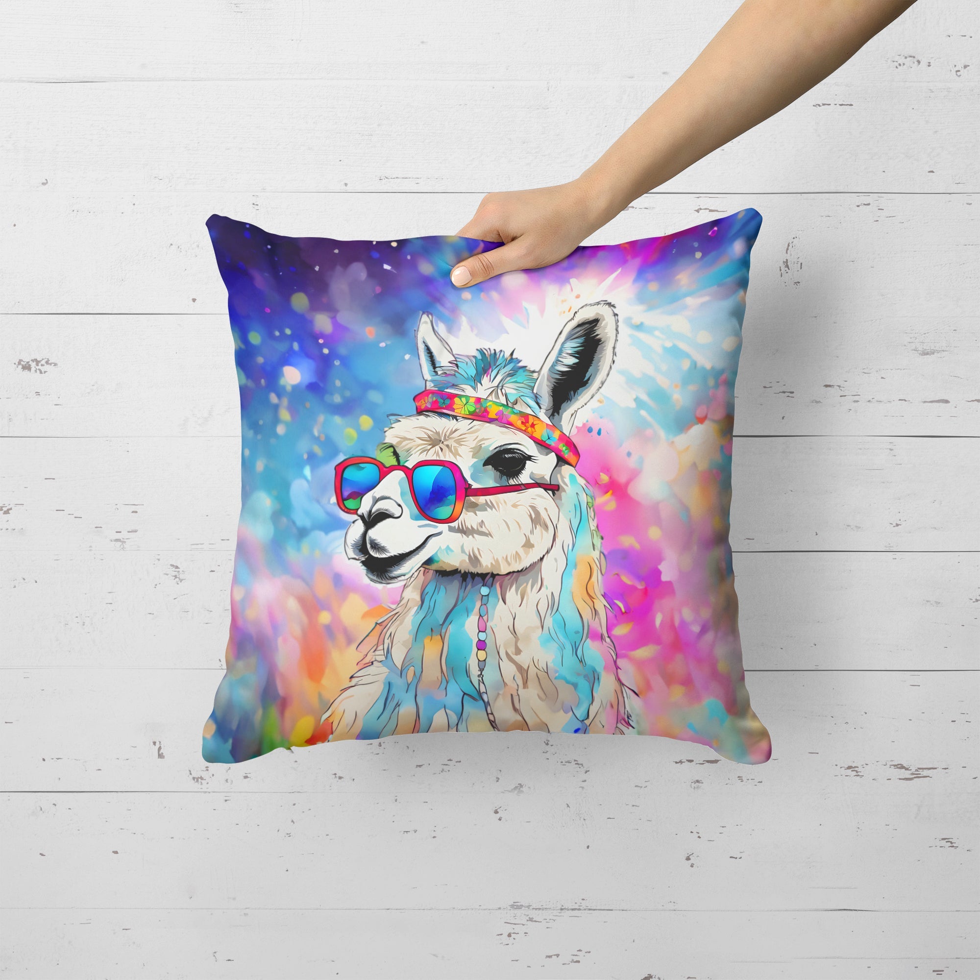 Hippie Animal Llama Decorative Throw Pillow 18x18 Indoor Outdoor Accent Cushion, Fabric Cover with Insert for Sofa, Bed, Porch & Living Room