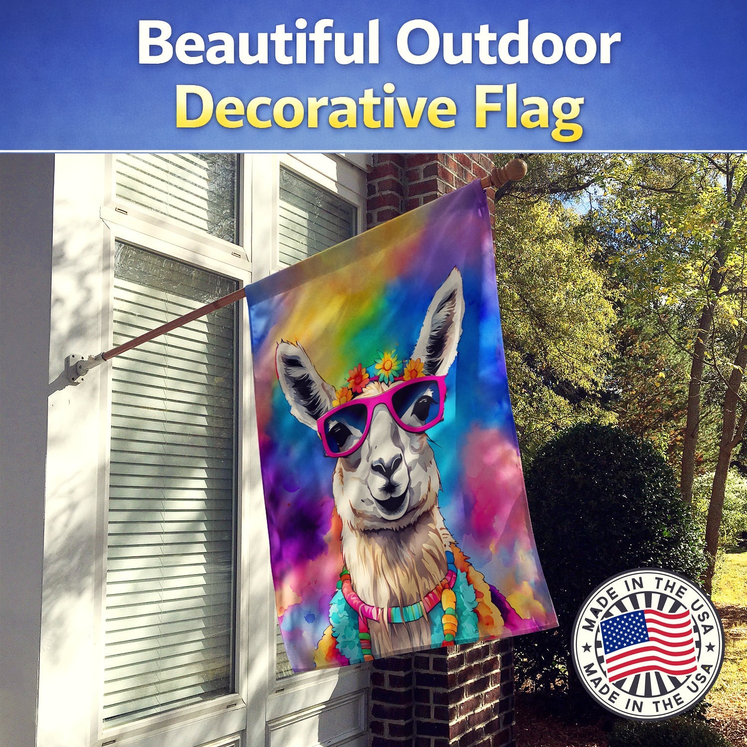Hippie Animal Llama House Flag 28x40 Porch Sleeve Pole Decorative Outside Yard Banner Artwork Wall Hanging, Polyester