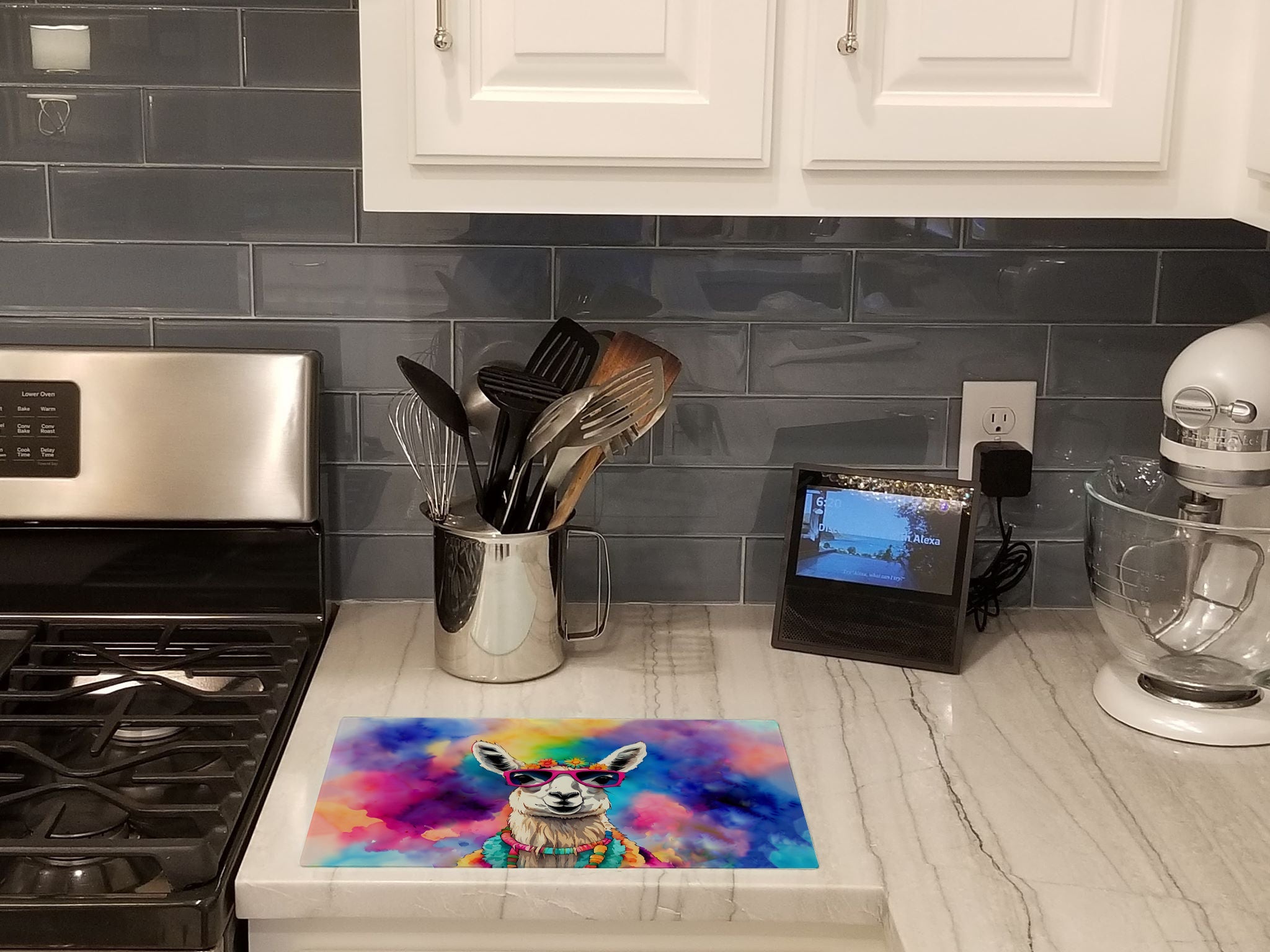 Hippie Animal Llama Cutting Board Tempered Glass Kitchen Cutting Surface, Heat Resistant Chopping, Non-Slip Feet, Food Prep & Serving