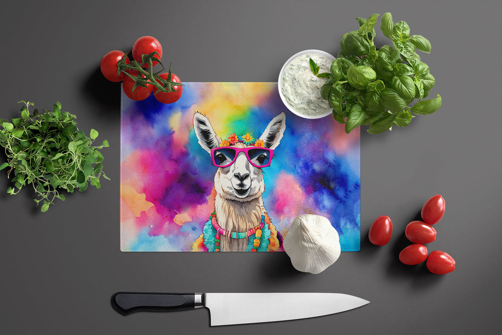 Hippie Animal Llama Cutting Board Tempered Glass Kitchen Cutting Surface, Heat Resistant Chopping, Non-Slip Feet, Food Prep & Serving