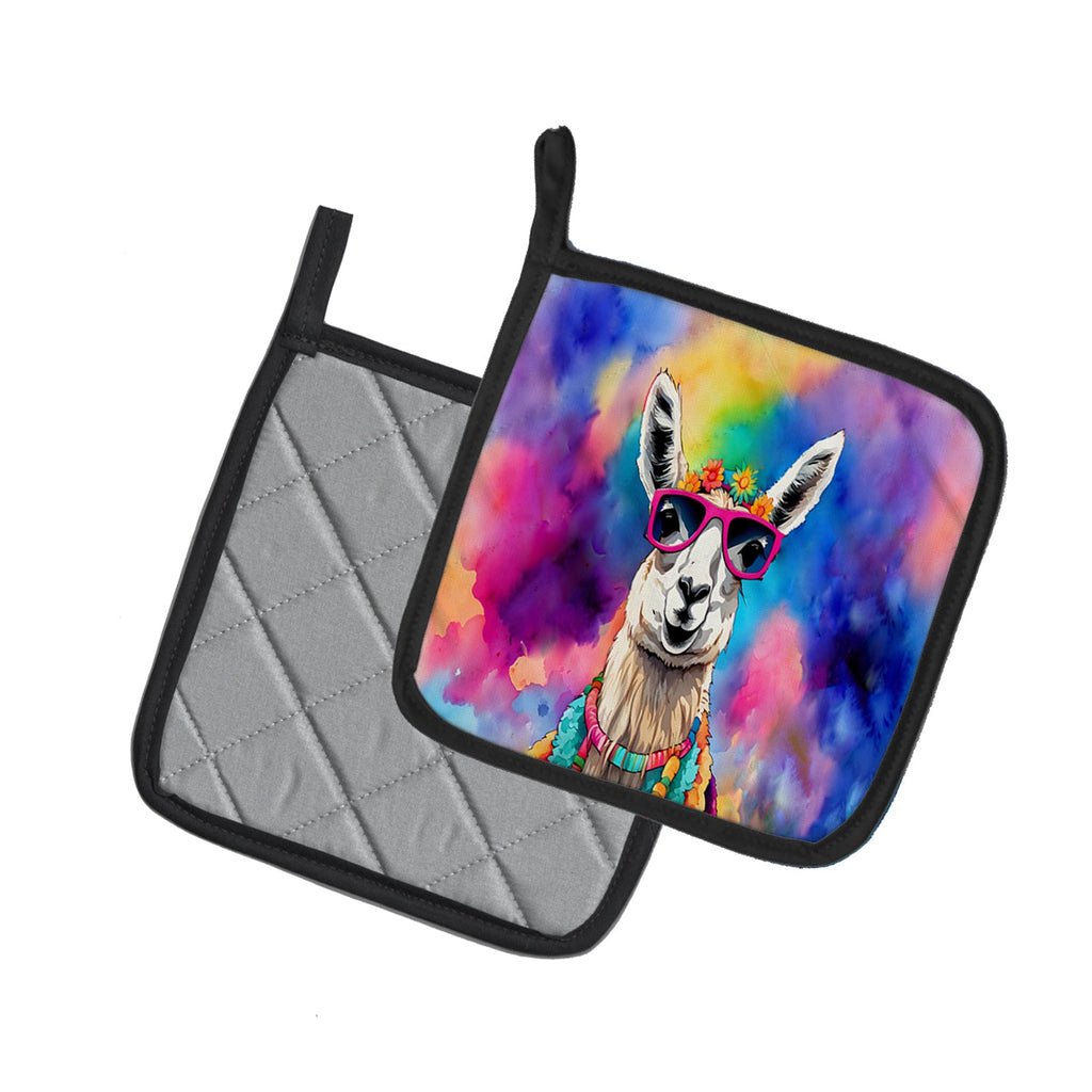 Hippie Animal Llama Pot Holder Set of 2 Heat Resistant Quilted Hot Pads 7.5 x 7.5 Inch, Insulated Kitchen Trivets for Cooking & Baking