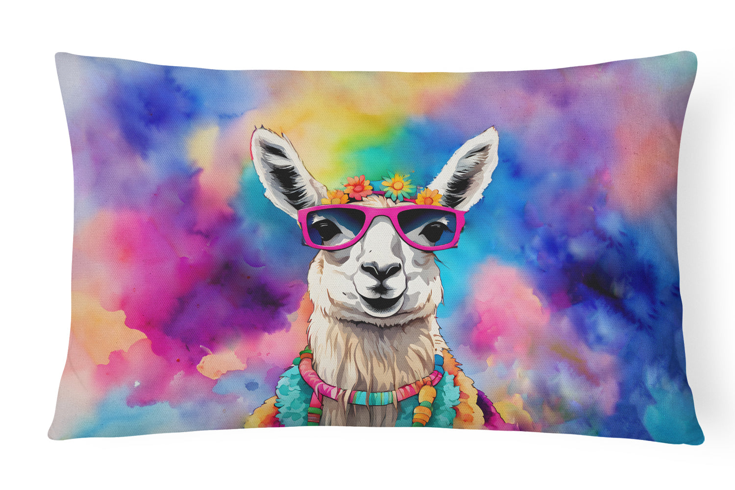 Hippie Animal Llama Decorative Throw Pillow 12x16 Indoor Outdoor Accent Cushion, Fabric Cover with Insert for Sofa, Bed, Porch & Living Room
