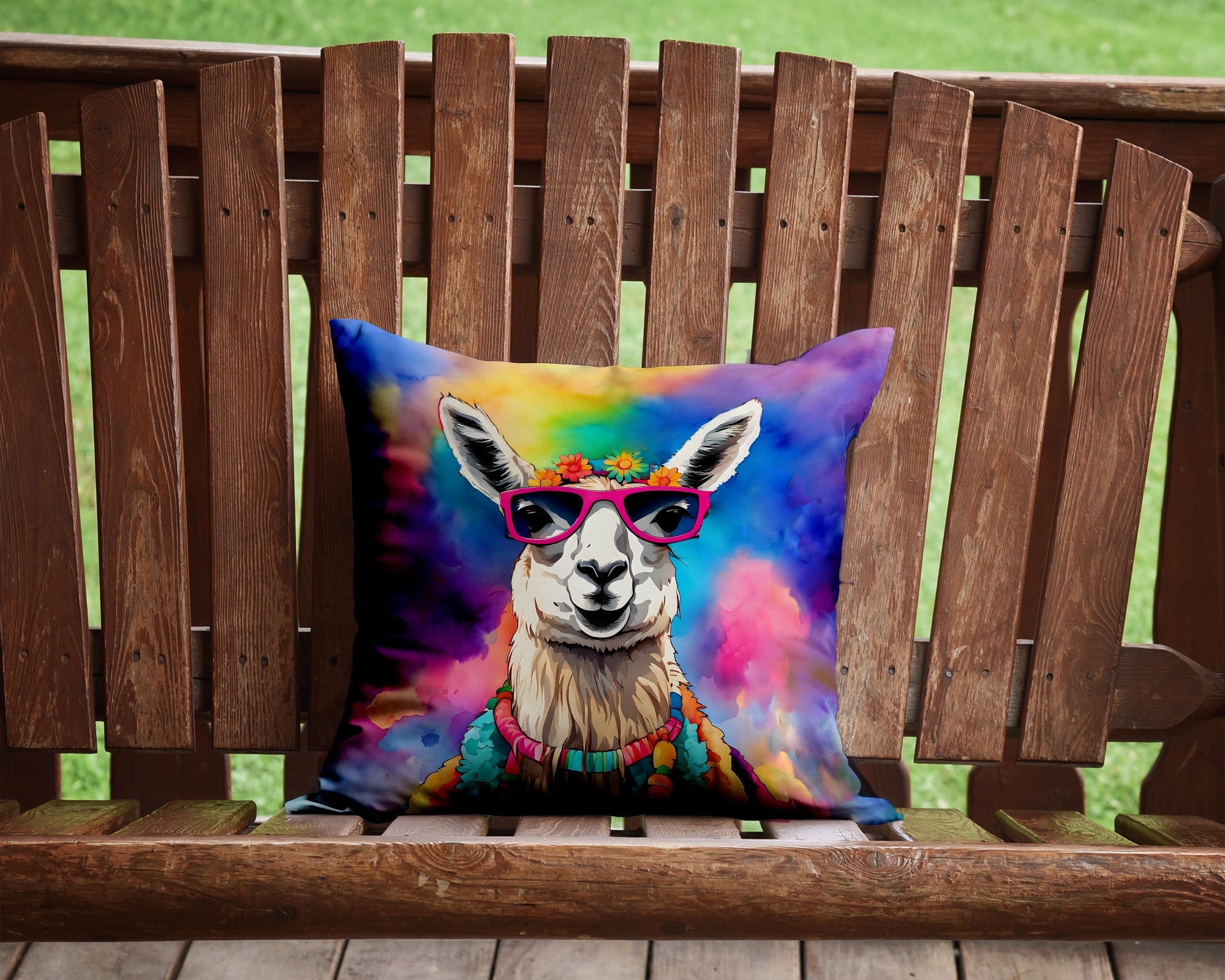 Hippie Animal Llama Decorative Throw Pillow 14x14 Indoor Outdoor Accent Cushion, Fabric Cover with Insert for Sofa, Bed, Porch & Living Room