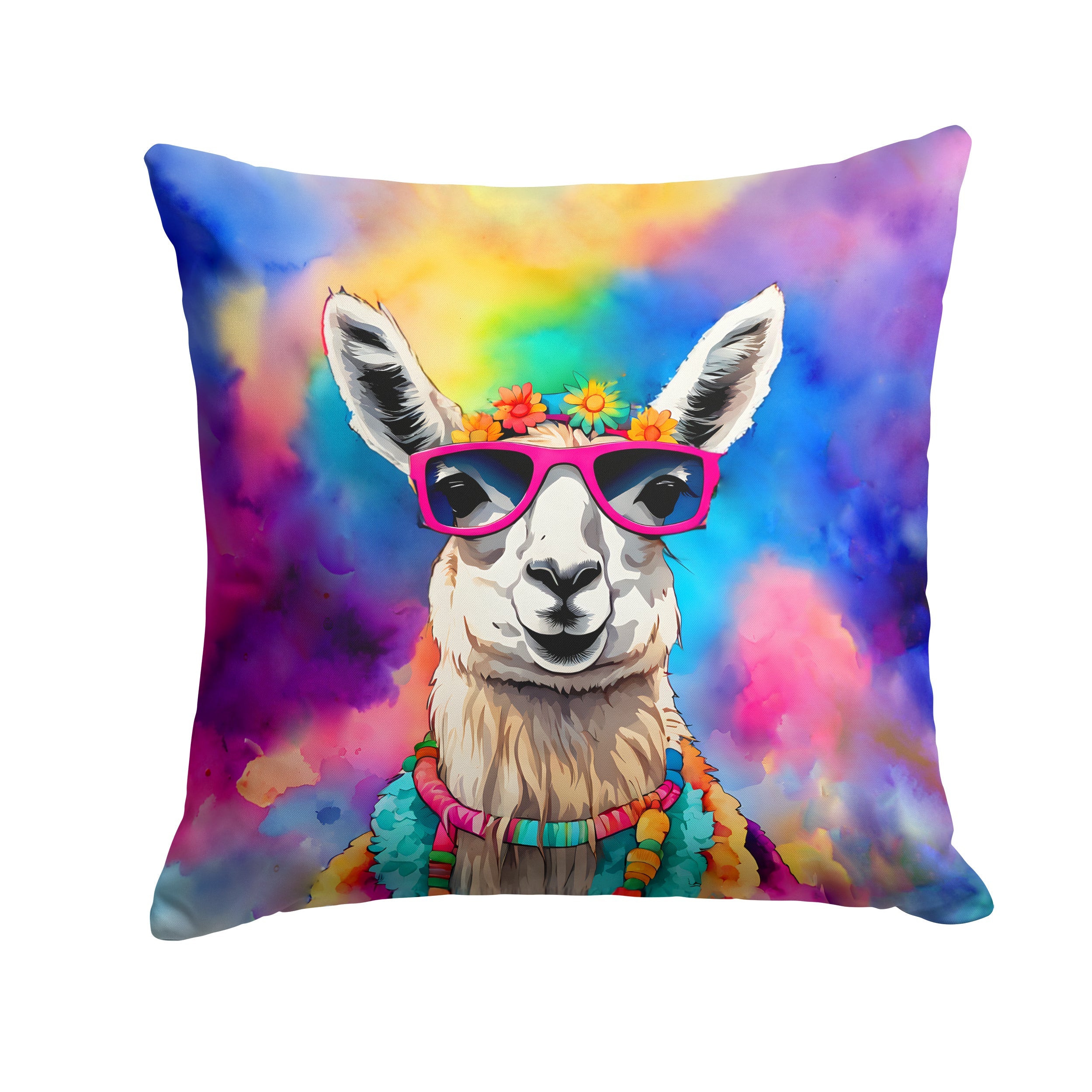 Hippie Animal Llama Decorative Throw Pillow 18x18 Indoor Outdoor Accent Cushion, Fabric Cover with Insert for Sofa, Bed, Porch & Living Room