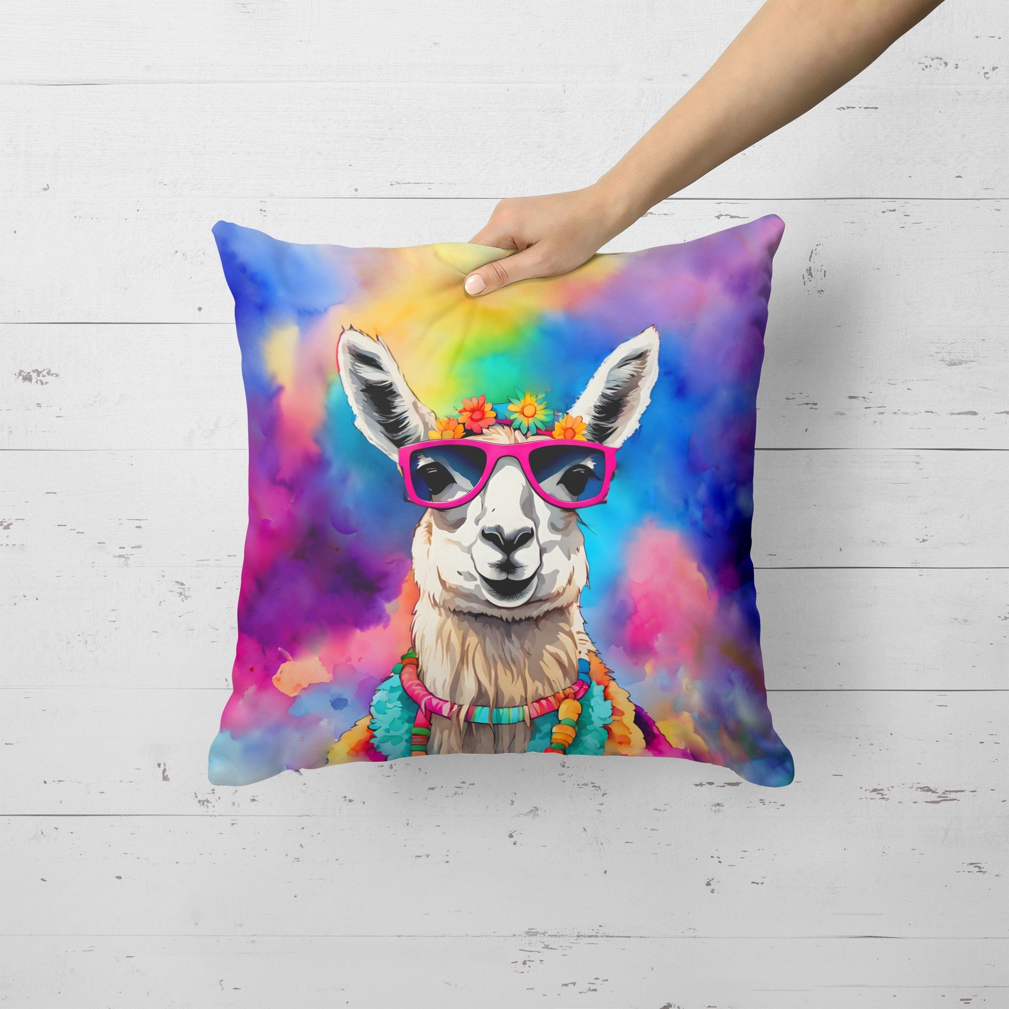 Hippie Animal Llama Decorative Throw Pillow 18x18 Indoor Outdoor Accent Cushion, Fabric Cover with Insert for Sofa, Bed, Porch & Living Room
