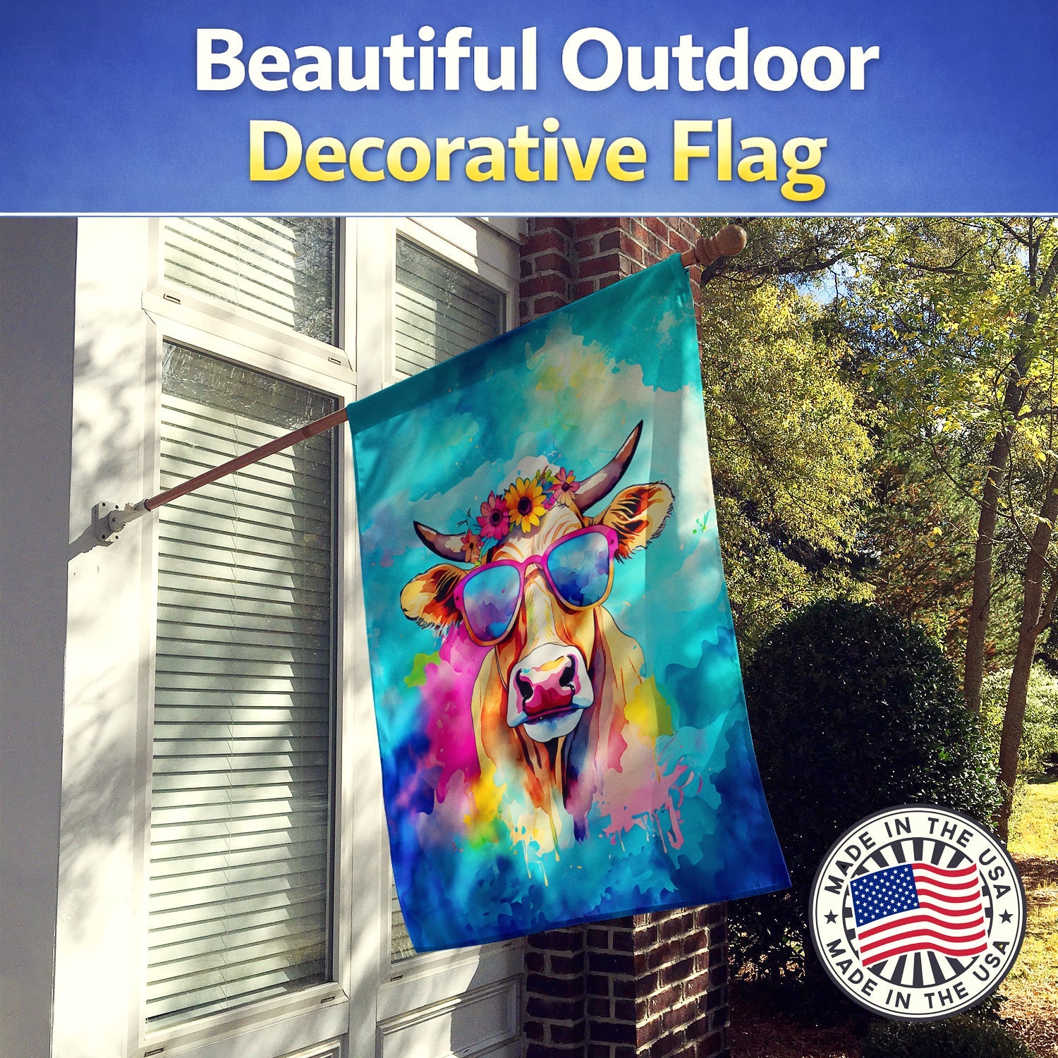 Hippie Animal Malvi Cow House Flag 28x40 Porch Sleeve Pole Decorative Outside Yard Banner Artwork Wall Hanging, Polyester