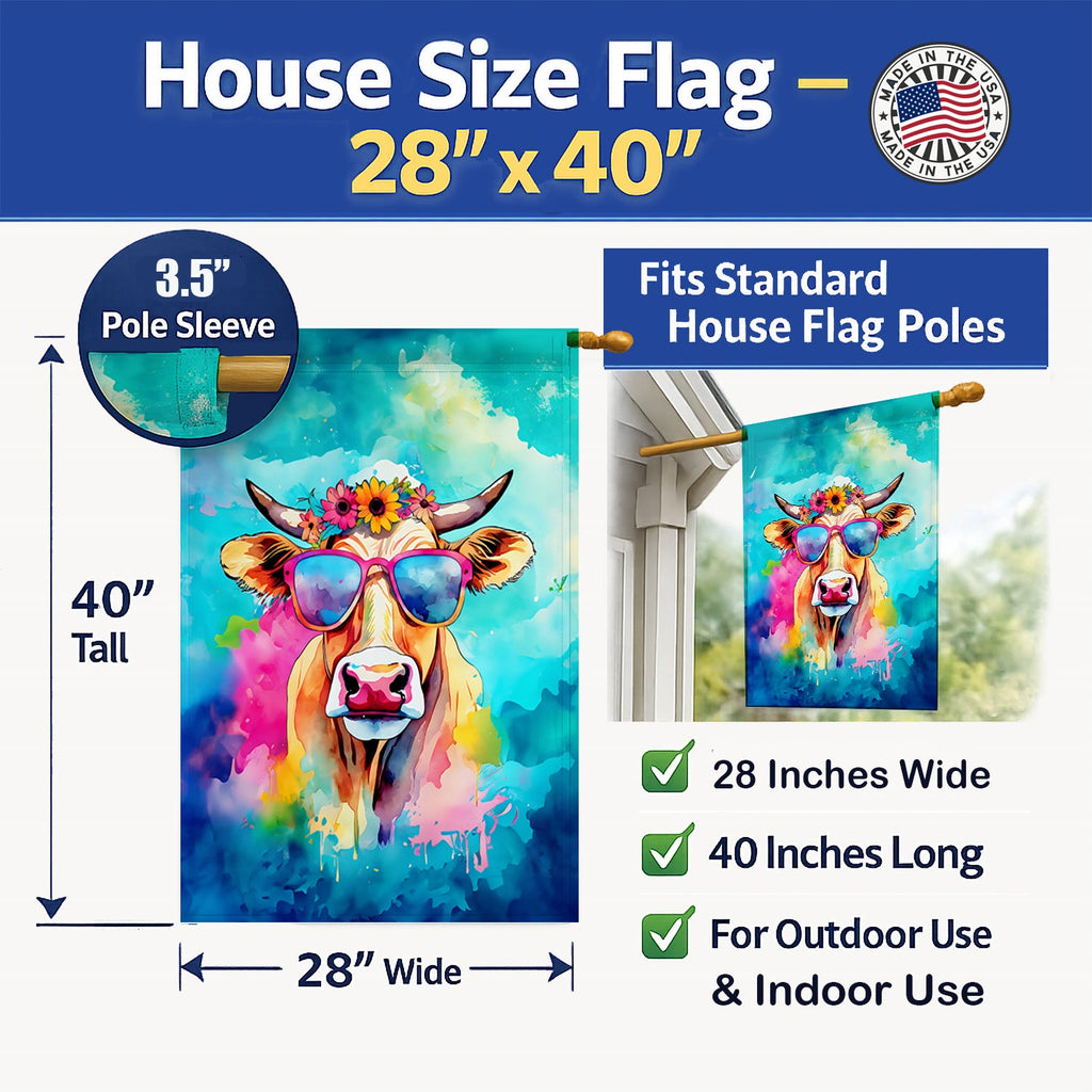 Hippie Animal Malvi Cow House Flag 28x40 Porch Sleeve Pole Decorative Outside Yard Banner Artwork Wall Hanging, Polyester
