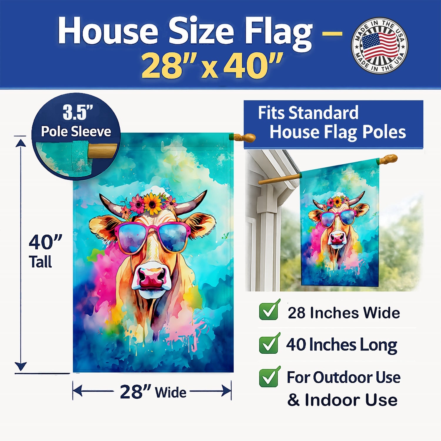 Hippie Animal Malvi Cow House Flag 28x40 Porch Sleeve Pole Decorative Outside Yard Banner Artwork Wall Hanging, Polyester