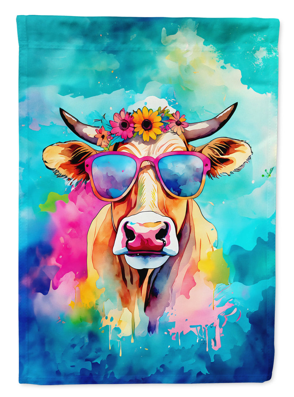 Hippie Animal Malvi Cow House Flag 28x40 Porch Sleeve Pole Decorative Outside Yard Banner Artwork Wall Hanging, Polyester