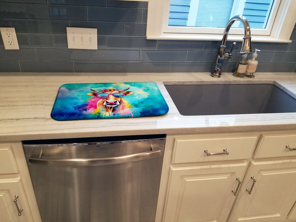 Hippie Animal Malvi Cow Dish Drying Mat Absorbent Dish Drying Mat Pad for Kitchen Counter Dish Drainer Mat for Countertop, 14 x 21", Multicolor