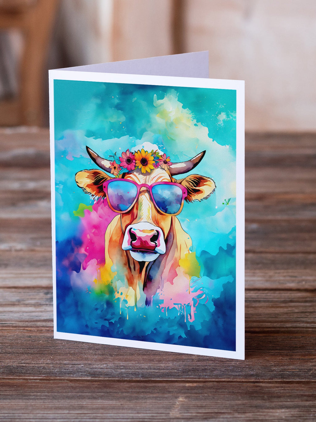 Hippie Animal Malvi Cow Greeting Cards Pack of 8 Blank Cards with Envelopes Whimsical A7 Size 5x7