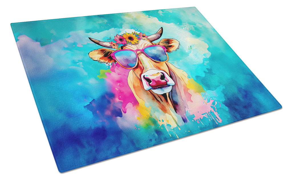 Hippie Animal Malvi Cow Cutting Board Tempered Glass Kitchen Cutting Surface, Heat Resistant Chopping, Non-Slip Feet, Food Prep & Serving