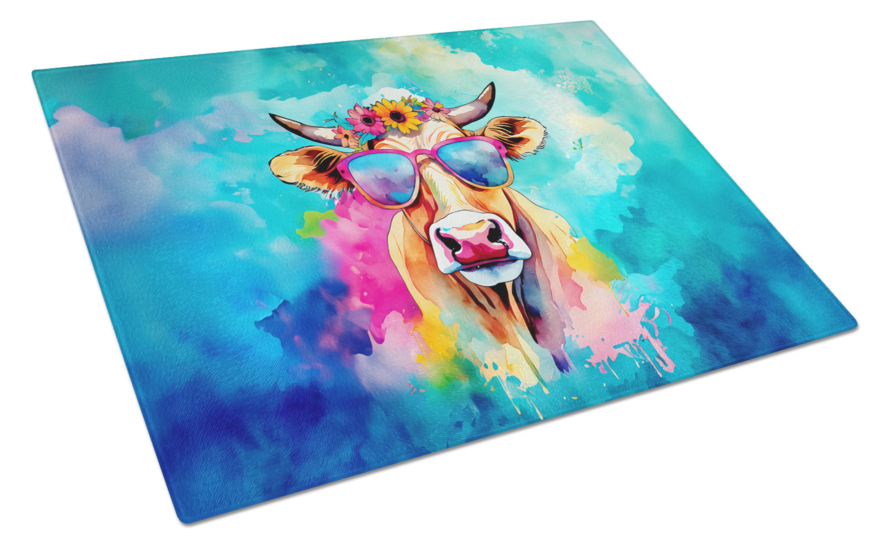 Hippie Animal Malvi Cow Cutting Board Tempered Glass Kitchen Cutting Surface, Heat Resistant Chopping, Non-Slip Feet, Food Prep & Serving