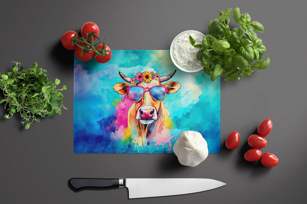 Hippie Animal Malvi Cow Cutting Board Tempered Glass Kitchen Cutting Surface, Heat Resistant Chopping, Non-Slip Feet, Food Prep & Serving