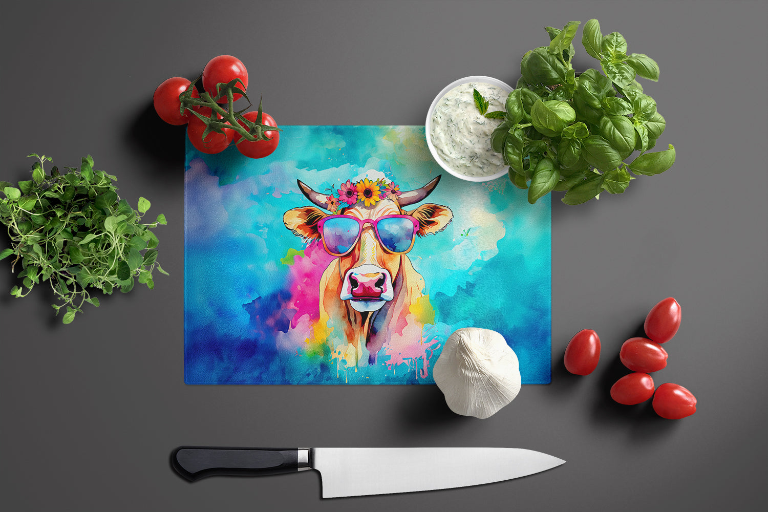 Hippie Animal Malvi Cow Cutting Board Tempered Glass Kitchen Cutting Surface, Heat Resistant Chopping, Non-Slip Feet, Food Prep & Serving