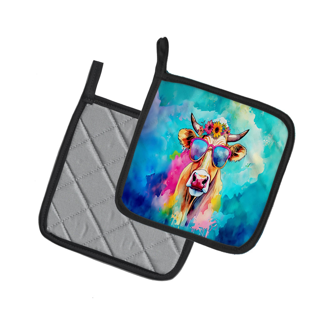 Hippie Animal Malvi Cow Pot Holder Set of 2 Heat Resistant Quilted Hot Pads 7.5 x 7.5 Inch, Insulated Kitchen Trivets for Cooking & Baking