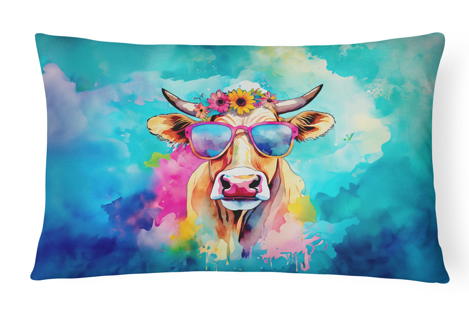 Hippie Animal Malvi Cow Decorative Throw Pillow 12x16 Indoor Outdoor Accent Cushion, Fabric Cover with Insert for Sofa, Bed, Porch & Living Room