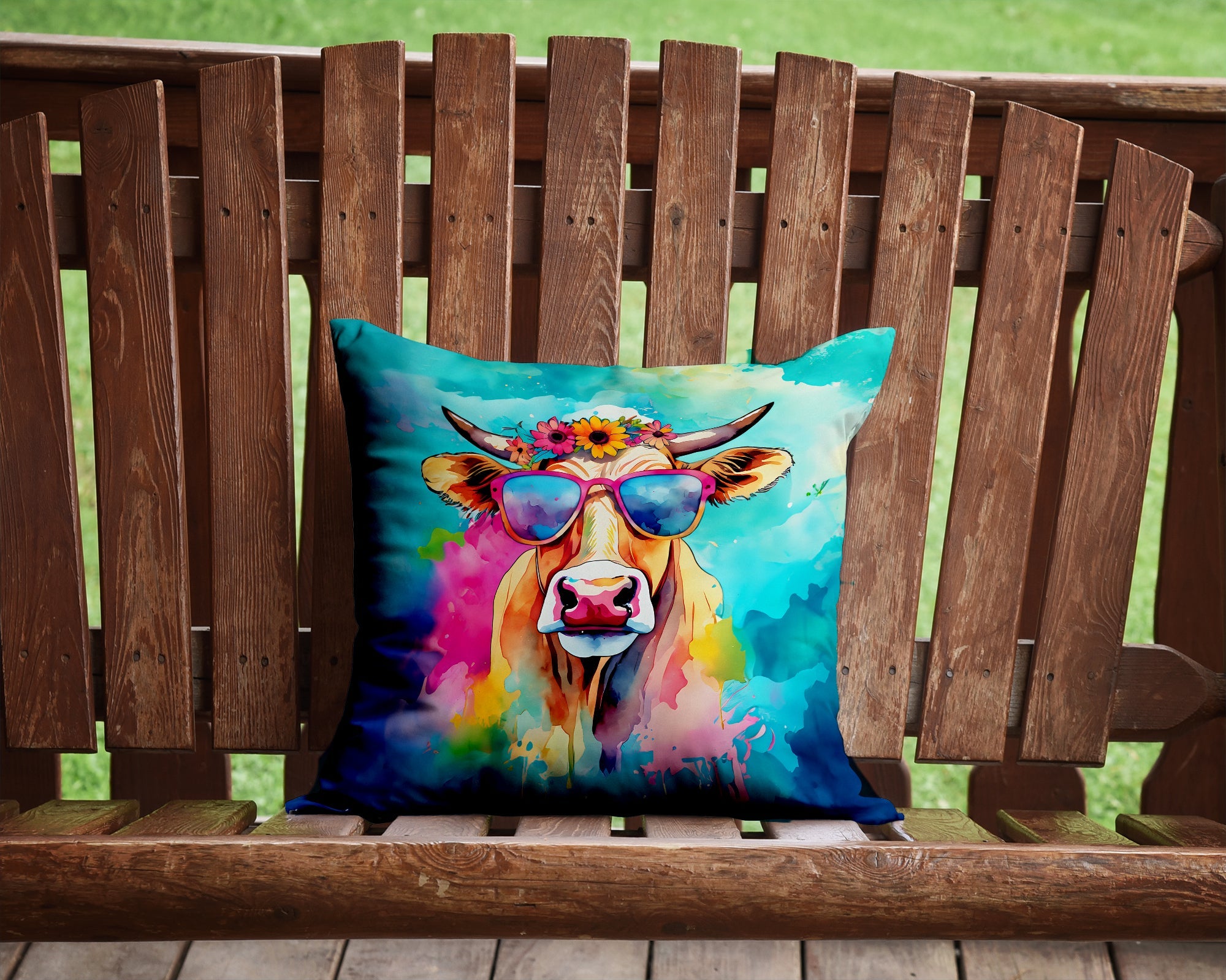 Hippie Animal Malvi Cow Decorative Throw Pillow 14x14 Indoor Outdoor Accent Cushion, Fabric Cover with Insert for Sofa, Bed, Porch & Living Room