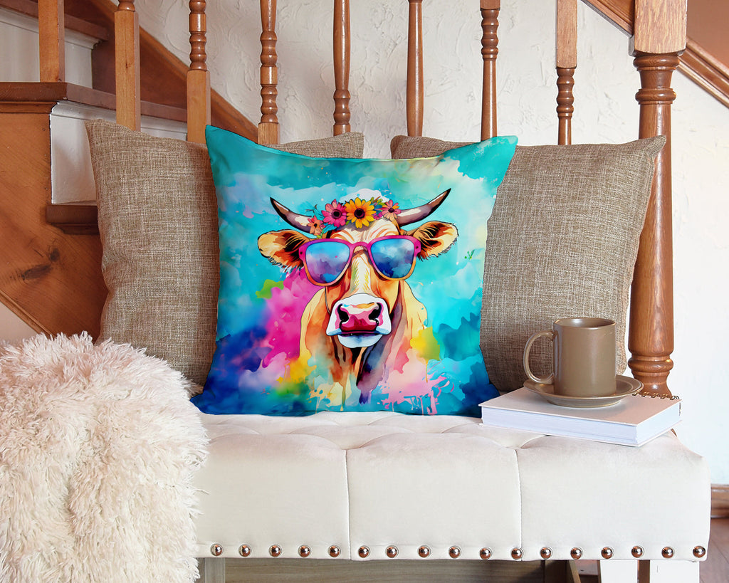 Hippie Animal Malvi Cow Decorative Throw Pillow 14x14 Indoor Outdoor Accent Cushion, Fabric Cover with Insert for Sofa, Bed, Porch & Living Room