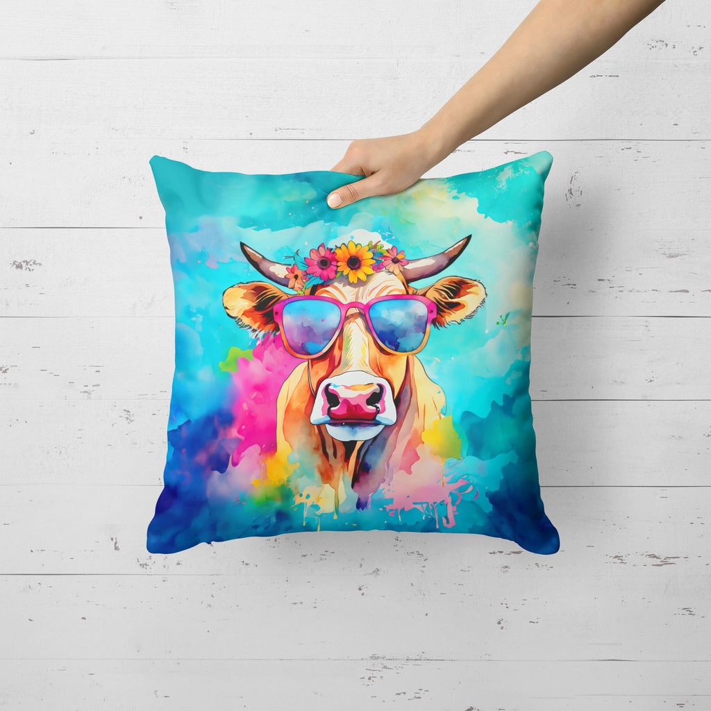 Hippie Animal Malvi Cow Decorative Throw Pillow 18x18 Indoor Outdoor Accent Cushion, Fabric Cover with Insert for Sofa, Bed, Porch & Living Room