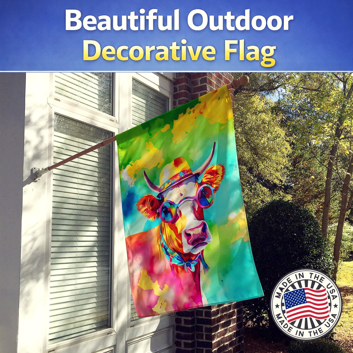 Hippie Animal Malvi Cow House Flag 28x40 Porch Sleeve Pole Decorative Outside Yard Banner Artwork Wall Hanging, Polyester