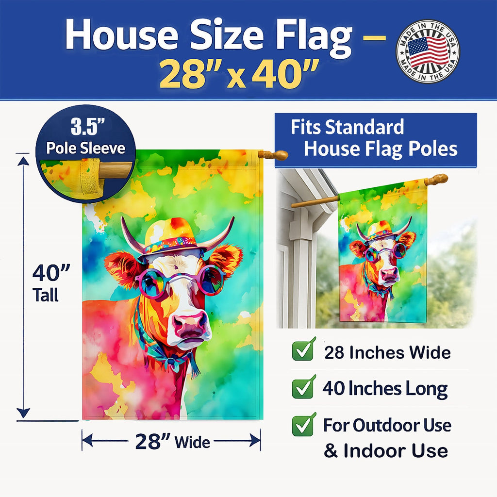 Hippie Animal Malvi Cow House Flag 28x40 Porch Sleeve Pole Decorative Outside Yard Banner Artwork Wall Hanging, Polyester