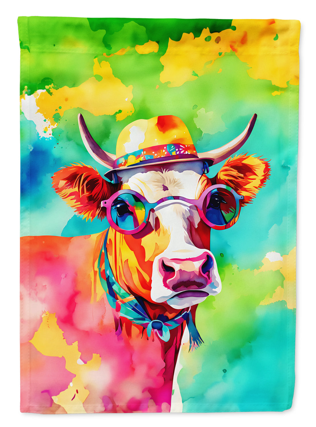 Hippie Animal Malvi Cow House Flag 28x40 Porch Sleeve Pole Decorative Outside Yard Banner Artwork Wall Hanging, Polyester