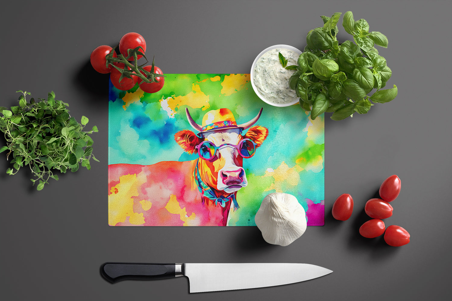 Hippie Animal Malvi Cow Cutting Board Tempered Glass Kitchen Cutting Surface, Heat Resistant Chopping, Non-Slip Feet, Food Prep & Serving