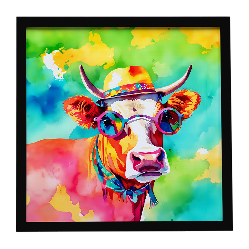Hippie Animal Malvi Cow Framed Metal Print Bathroom, Kitchen, Office, Home Decor Wall Art Ready to Hang, Square, 8X8
