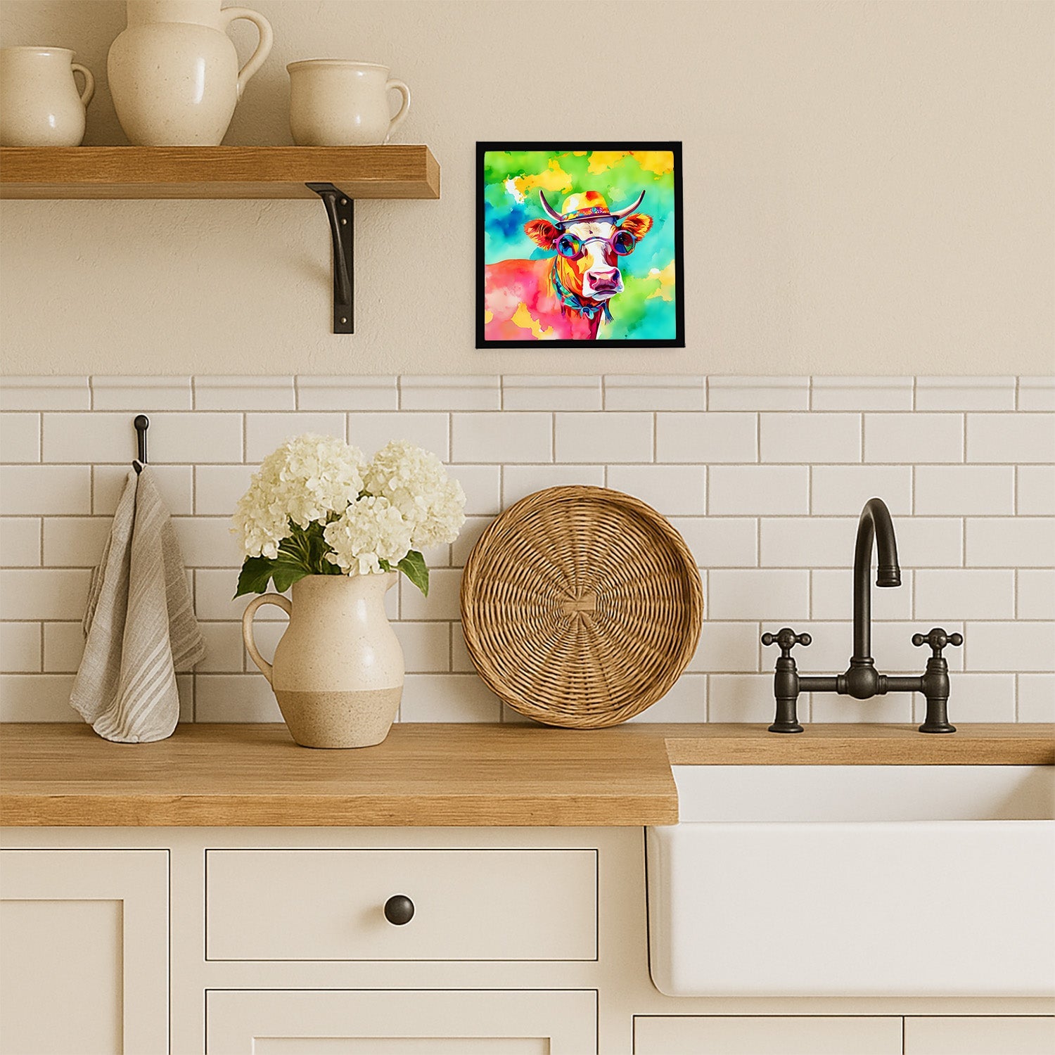 Hippie Animal Malvi Cow Framed Metal Print Bathroom, Kitchen, Office, Home Decor Wall Art Ready to Hang, Square, 8X8