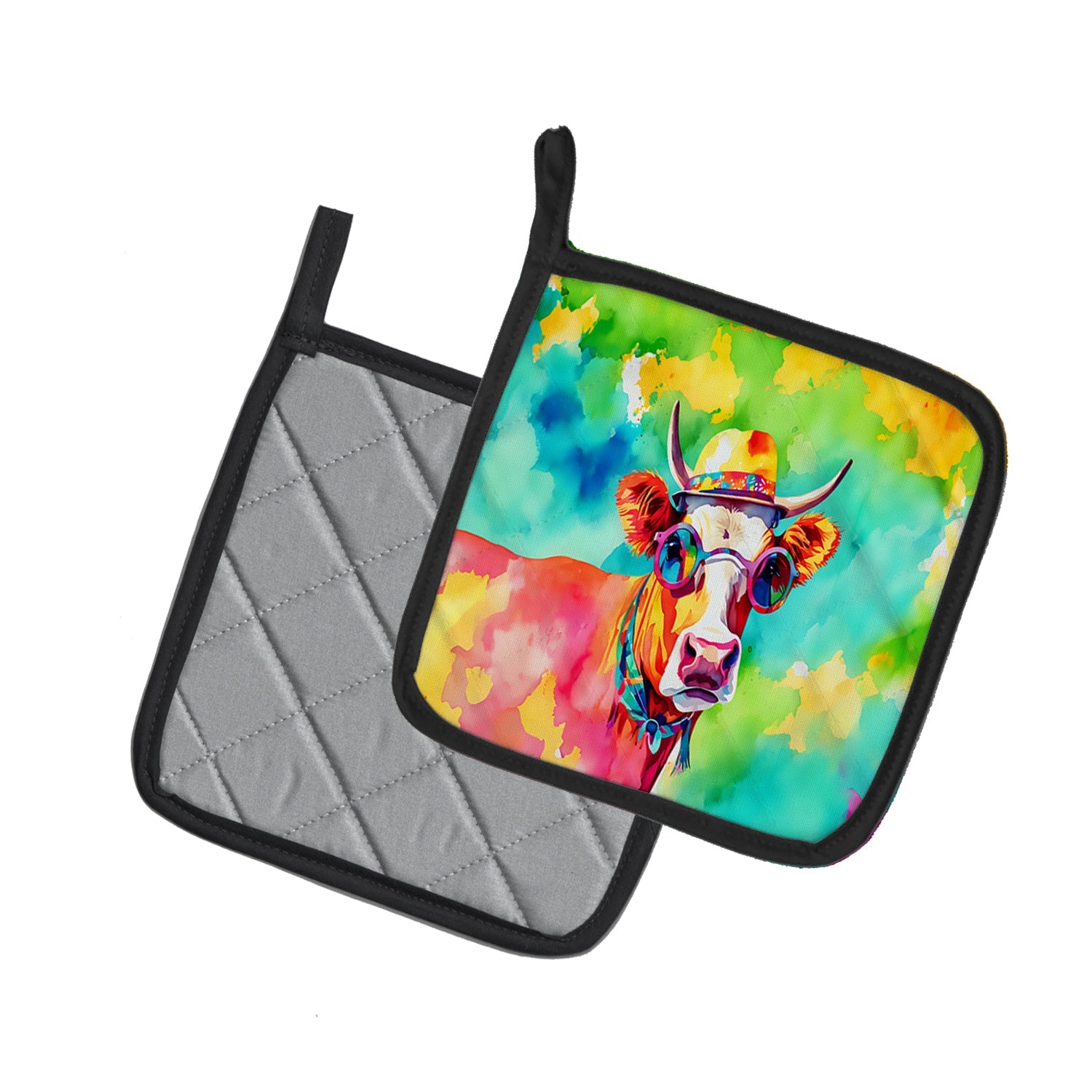 Hippie Animal Malvi Cow Pot Holder Set of 2 Heat Resistant Quilted Hot Pads 7.5 x 7.5 Inch, Insulated Kitchen Trivets for Cooking & Baking
