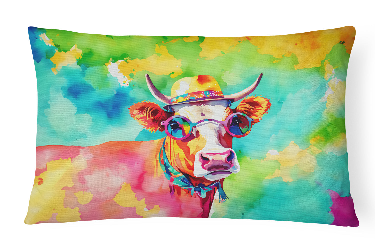 Hippie Animal Malvi Cow Decorative Throw Pillow 12x16 Indoor Outdoor Accent Cushion, Fabric Cover with Insert for Sofa, Bed, Porch & Living Room